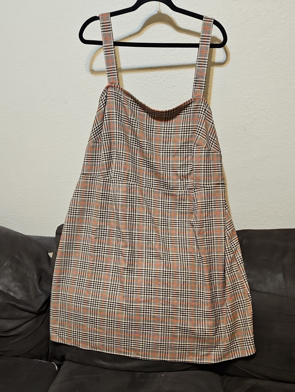 Ava & Viv Plaid Strappy Pinafore Mini Dress in Beige, Orange and Black